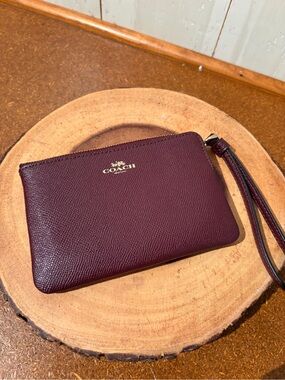Coach Burgundy Leather Wristlet Pouch with Gold Logo
